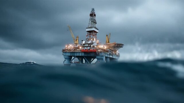 Offshore Platform in the Storm: An offshore platform braves the stormy seas, its structure standing resilient against the backdrop of turbulent waters and a foreboding sky.