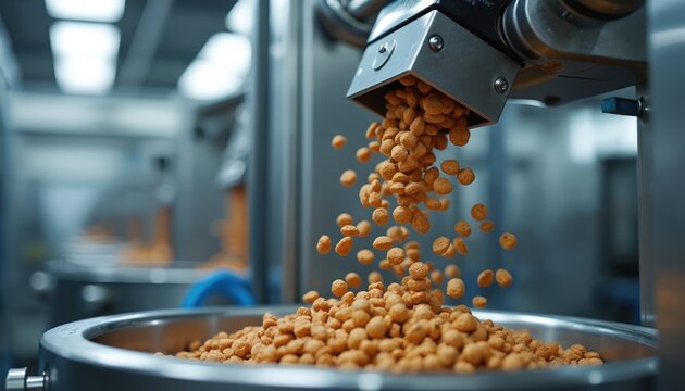 Automated machinery dispenses dry pet food kibble into large stainless steel bowl. Industrial food production line shows efficient manufacturing process with technology, equipment. Clean factory