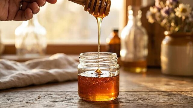 Golden honey jar refill economy natural sweet syrup pour with wooden dipper pouring amber sticky golden syrup pour refill sweet jar dripper wooden