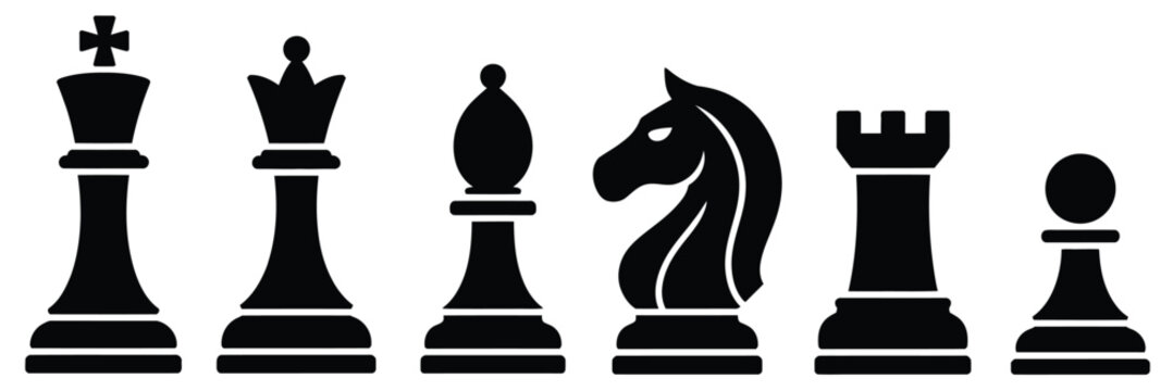 Chess pieces black silhouette vector with king, queen, knight, rook, bishop, and pawn