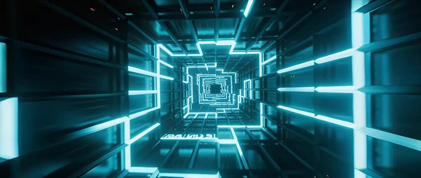 Neon tunnel futuristic corridor glowing grid cyberpunk background abstract light blue neon digital space sci fi design motion blur technology concept futuristic tunnel neon light glowing square