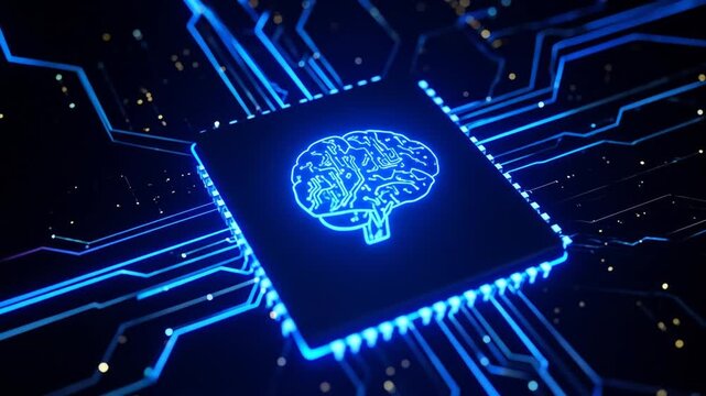 Glowing blue microchip with brain circuit.