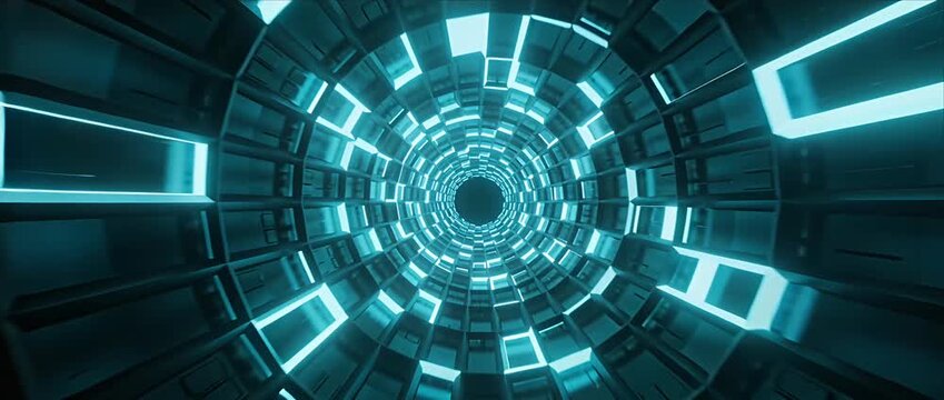 Futuristic tunnel neon light blue glow abstract background sci fi corridor digital vortex cyber space data stream smooth motion technology teal perspective glowing ring digital loop data center tech