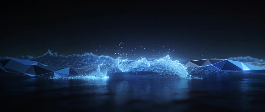 Abstract wave water polygon low poly futuristic ocean digital landscape blue glow night reflection smooth motion energy fantasy background 3d render technology fluid glowing splash cyber sea