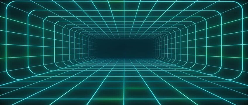 Futuristic tunnel neon grid digital corridor with glowing line blue background cyber space abstract design perspective depth virtual reality sci fi mood technology glow video wallpaper template retro