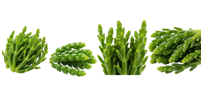 Four Bunches of Fresh Green Salicornia Sea Asparagus Isolated on White Background.