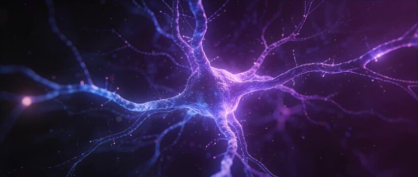 Glowing neuron neural cell brain synapse abstract biology science concept purple light futuristic background technology medical detail cinematic mood nerve cell axon dendrite network microscopic