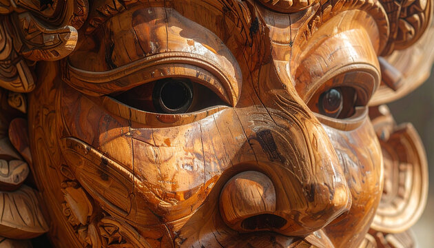 Close up of a detailed wooden sculpture of a mythical face in warm light