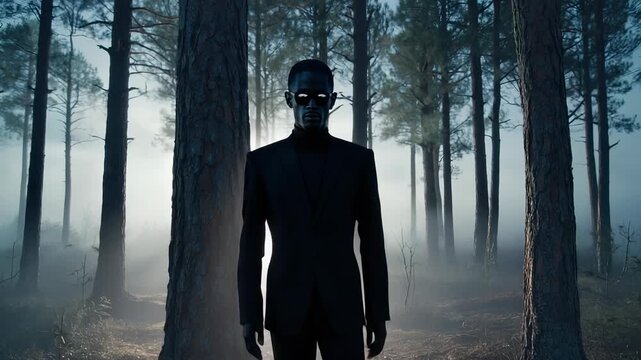 Mysterious man in dark suit stands in foggy forest, dramatic portrait of solitude, enigma, and uncertain future.