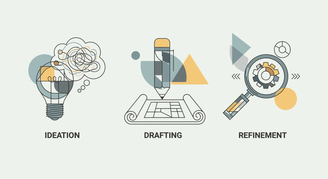 Creative process depicted through ideation drafting and refinement stages