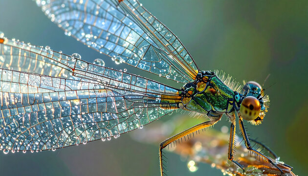 Close up of a vibrant dragonfly with intricate wing details and droplets