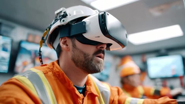 VR Safety Simulation: An industrial worker experiences a virtual reality safety training simulation, wearing a VR headset and protective gear to visualize the simulation of the workplace.
