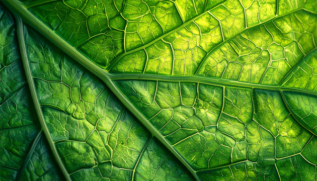Close up of vibrant green leaf texture with detailed veins and patterns
