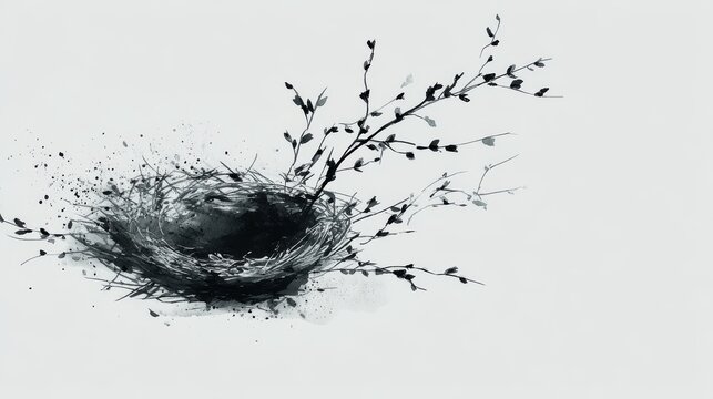 Bird's Nest with Willow Sprig Minimalist Flat Art