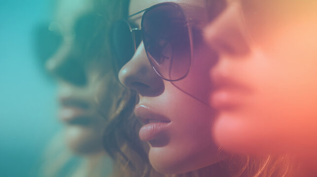 Three young women wearing sunglasses and looking away in vibrant colors  