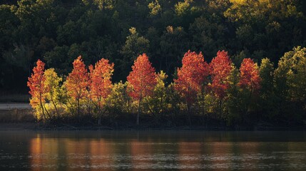 Obraz premium Autumn trees reflecting on a calm river.