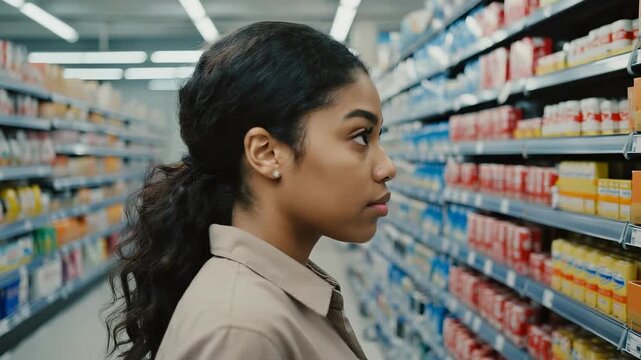 Young woman thoughtfully examining grocery store shelves, browsing food products, focused on product selection, consumer behavior.