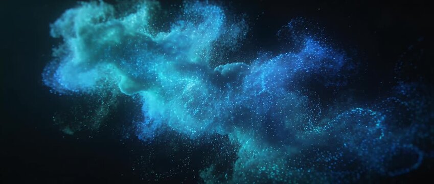 Abstract blue particle cloud digital wave motion background glowing dust cosmic nebula fantasy space design dreamy atmosphere fluid dynamic energy flow futuristic teal smoke swirl pattern creative