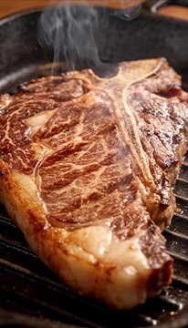 Grilled steak cast iron pan marbled beef cooked meat barbecue T bone hot searing smoke juicy dinner chef cooking scene rustic kitchen grill mark sizzling juicy restaurant gourmet steakhouse dinner