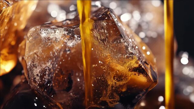 Caramel-colored ice cubes with syrup dripping from them, creating a rich and sweet visual effect.