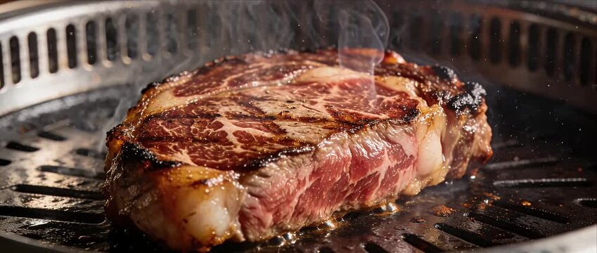 Grilled steak beef barbecue smoke fire grill meat dinner cuisine restaurant juicy gourmet charcoal sear cooked ribeye closeup with smoke rising hot metal grate flame and marbled texture appetizing