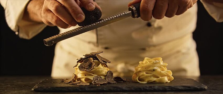 Creamy pasta truffle chef fine dining gourmet closeup black background tagliatelle hands grater cooking gourmet restaurant luxury Italian food preparation plate slate fresh delicious creamy nest
