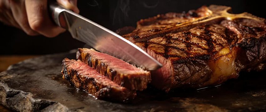 Juicy steak grilled meat medium rare beef steak hot stone gourmet dinner restaurant food with juicy slice rustic cuisine and smoky grilled beef steak slice carved by knife for sizzling rustic dark