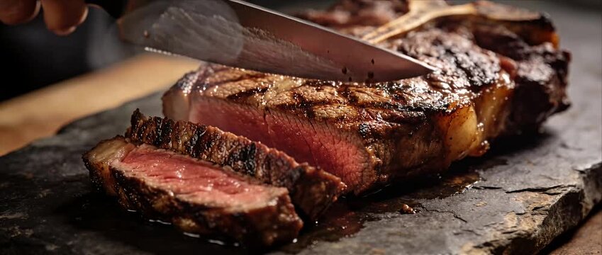 Grilled steak juicy meat medium rare beef sizzling slice with steak knife cutting on rustic stone board, barbecue flame smoke steam closeup detail gourmet dinner succulent grilled meat rustic meal