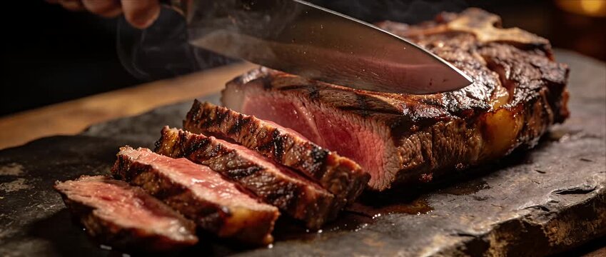 Juicy steak grilled meat medium rare sliced beef with carving knife on rustic stone board, barbecue style gourmet dinner closeup of seared marbled ribeye hot smoke rising restaurant style protein
