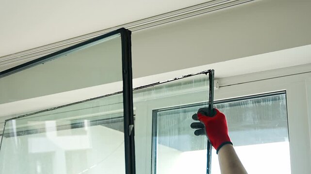 Worker removing one glass panel from triple glazed window unit during disassembly for safe handling and disposal in apartment. Window repair, glass separation and maintenance process concept.
