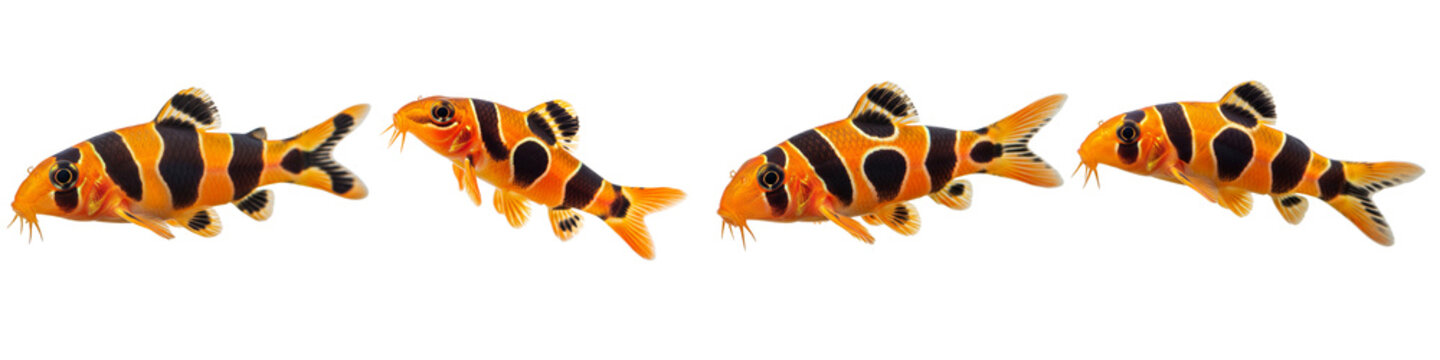 Four Clown Loach Fish Swimming in a Line Against a White Background.