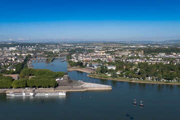 Fototapeta premium View from Ehrenbreitstein Fortress of the ‘Deutsches Eck’, the confluence of the Moselle and the Rhine in Koblenz