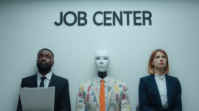 AGI and autonomous AI reshaping employment and interviews, humanoid robot among job applicants concept