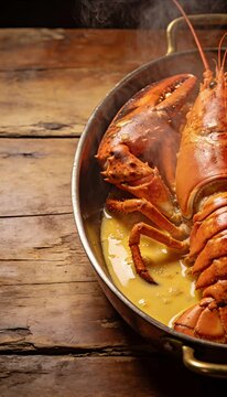 Steamed lobster seafood gourmet cooked dinner butter sauce shellfish luxury restaurant appetizer cuisine meal plate hot steam rustic wood table claw tail garlic herb boiled rustic kitchen cozy warm