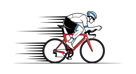 Obraz premium Dynamic illustration of a fast-moving cyclist on a red racing bicycle, depicted with speed lines on a white background, showcasing speed and athleticism.