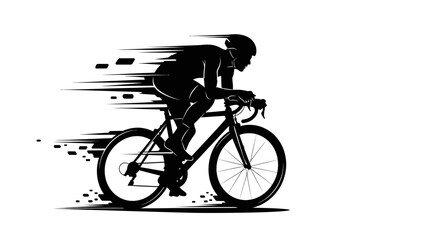 Fototapeta premium A dynamic black and white silhouette illustration of a cyclist riding a road bike at high speed with motion blur effects.