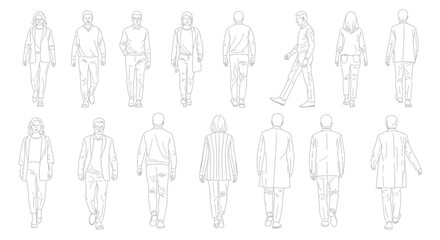 Group of Diverse Outline People Standing and Walking, Front and Back View, isolated white background © ZAENAL