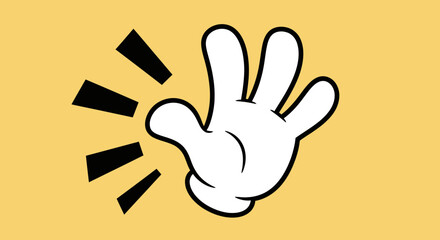 Fototapeta premium A cartoon white hand with black outlines, similar to a classic animated character, waves or gestures against a plain yellow background, with radiating lines indicating motion.