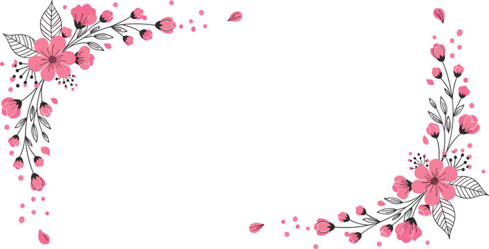 Floral corner frame pink flowers leaves botanical design elegant decorative border wedding invitation background vector illustration