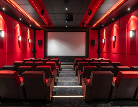 Modern mini cinema room with red seating and large screen, stylish home theater interior design concept