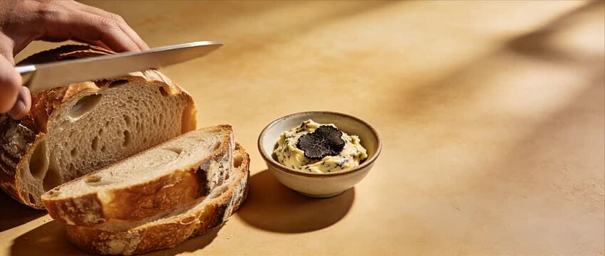 Rustic bread sourdough crust slice with knife and hand beside bowl of truffle butter appetizer gourmet snack, artisan loaf golden crust bread slice butter truffle breakfast cuisine, sliced bread