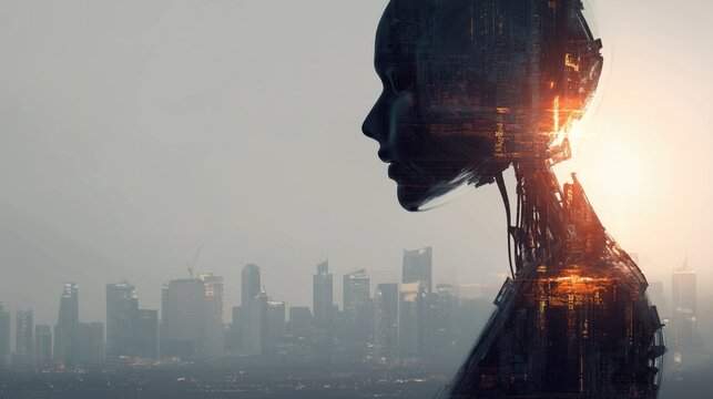 Humanoid AI executive overlooking smart city at night, digital transformation concept