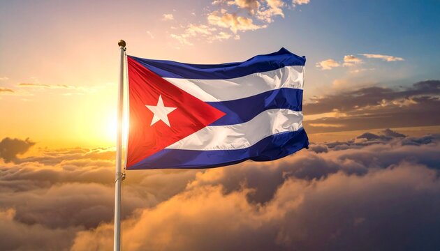 Cuba Flag Waving at Sunset Sky Caribbean National Pride Background