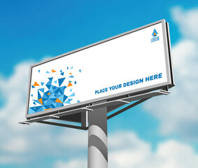 Fototapeta premium A blank outdoor advertising billboard stands against a clear blue sky, providing an empty banner space for a commercial marketing message, business announcement, or promotional street poster display