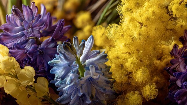 Vibrant Spring Bouquet with Yellow Mimosa and Purple Hyacinths Dry Brush