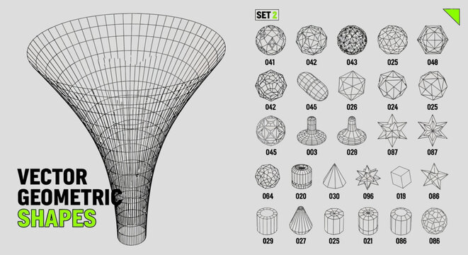 Dynamic Vector Wireframe Geometric Shapes Collection Featuring Abstract Conical Forms and Complex Polyhedrons for Modern Design Projects
