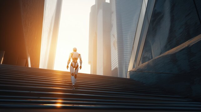 Humanoid Robot Climbing Steps Toward Future Business Growth in City