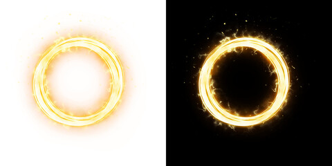 Glowing golden magic portal ring featuring realistic fire sparks, dynamic energy lightning effects, and a burning flame circle, completely isolated on a transparent background. © DigiArt Resource