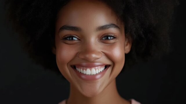 African-American woman, joyful expression, youthful, radiant skin, dark eyes, full lips, straight white teeth, confident smile, bright headshot, portrait orientation