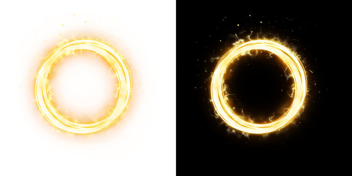 Glowing golden magic portal ring featuring realistic fire sparks, dynamic energy lightning effects, and a burning flame circle, completely isolated on a transparent background.